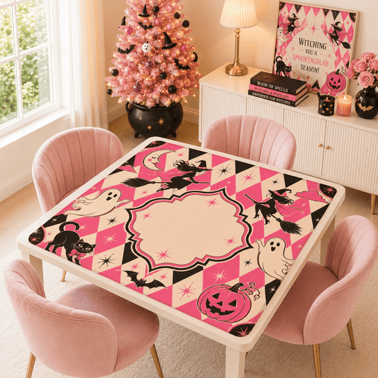 Harlequin Halloween Pink Witches, Ghosts Seasonal Custom Mahjong Mat - Splash Of Mahj And Color Co.