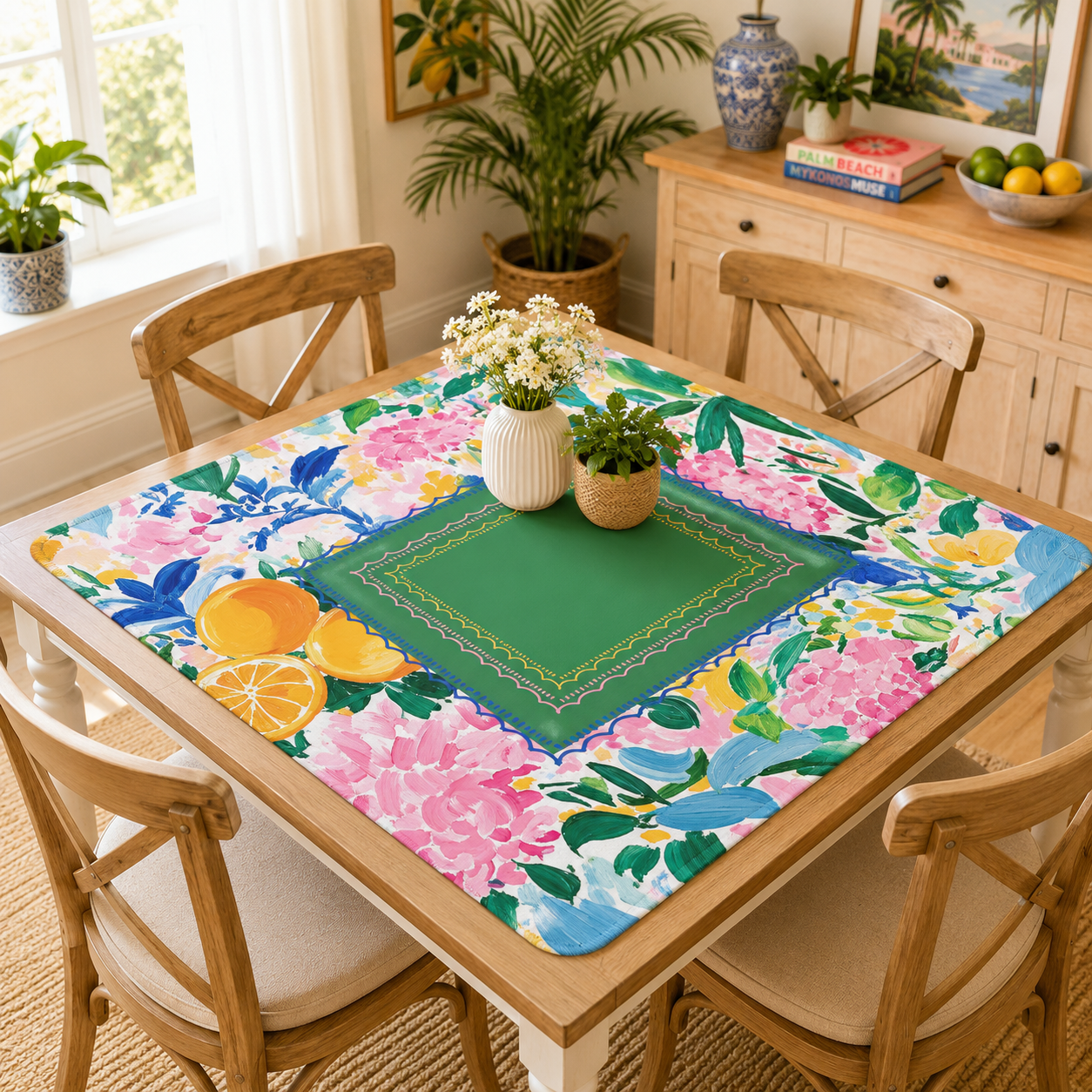Sunny Citrus Chinoiserie Watercolor Blooms Mahjong Mat