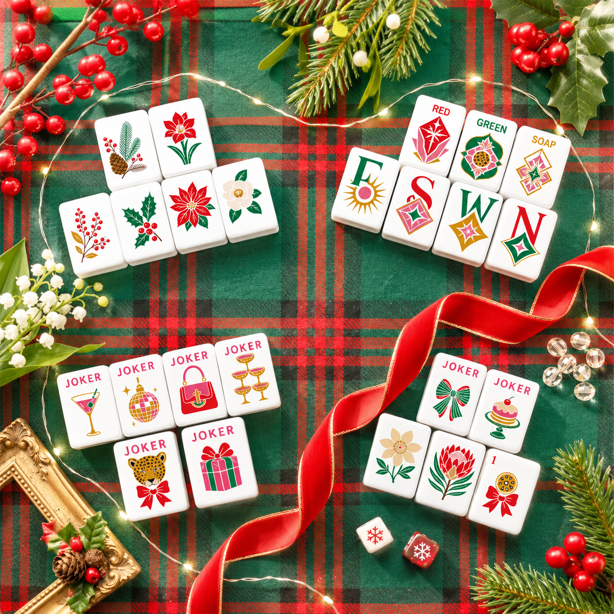 Leopard Luxe Poinsetta Glitz And Glam Holiday Christmas Mahjong Tiles And Carry Case - Splash Of Mahj And Color Co.