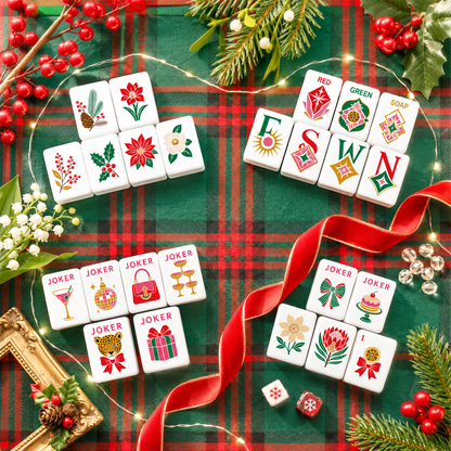 Leopard Luxe Poinsetta Glitz And Glam Holiday Christmas Mahjong Tiles And Carry Case - Splash Of Mahj And Color Co.