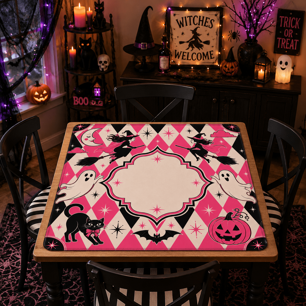 Harlequin Halloween Pink Witches, Ghosts Seasonal Custom Mahjong Mat - Splash Of Mahj And Color Co.