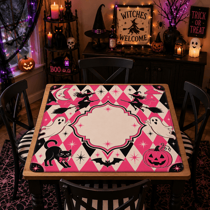 Harlequin Halloween Pink Witches, Ghosts Seasonal Custom Mahjong Mat - Splash Of Mahj And Color Co.