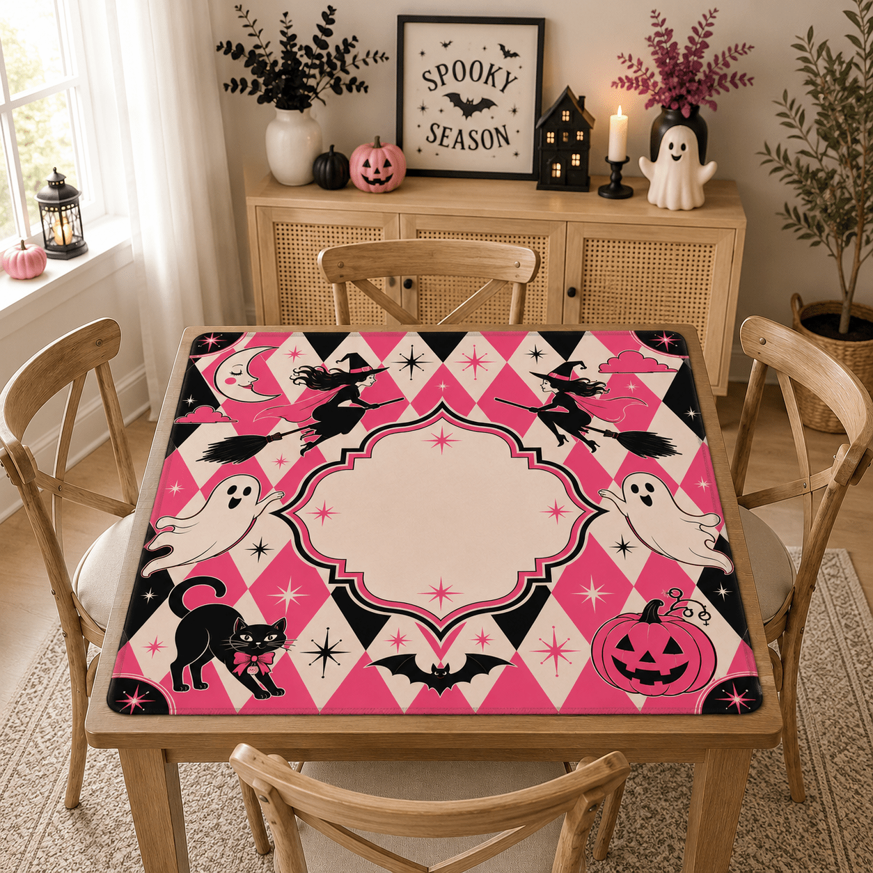 Harlequin Halloween Pink Witches, Ghosts Seasonal Custom Mahjong Mat - Splash Of Mahj And Color Co.