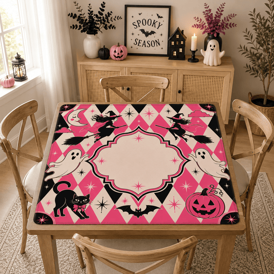 Harlequin Halloween Pink Witches, Ghosts Seasonal Custom Mahjong Mat - Splash Of Mahj And Color Co.