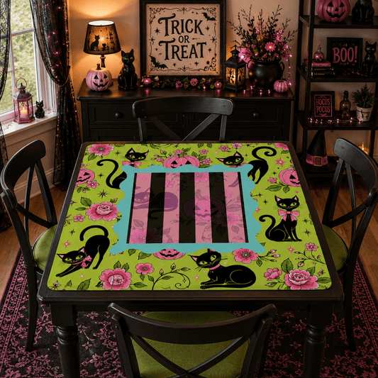 Halloween Kitty Cat Brigade Green And Pink Mahjong Mat - Splash Of Mahj And Color Co.