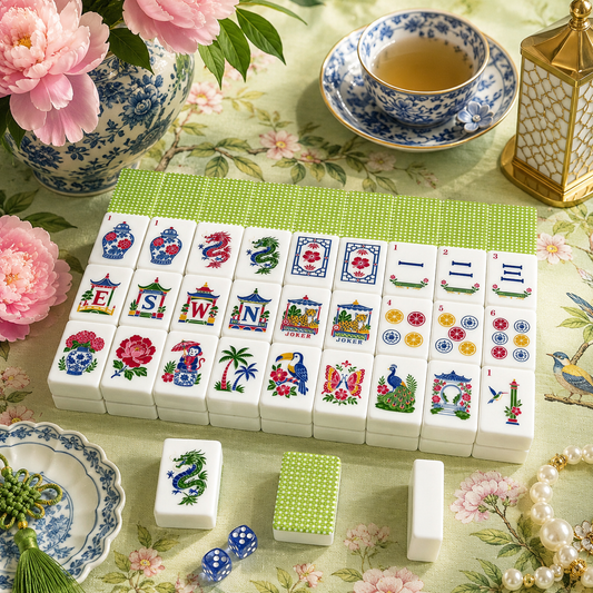 Cane & Cello Chinoiserie Engraved Mahjong Tiles With Carry Case - Splash Of Mahj And Color Co.