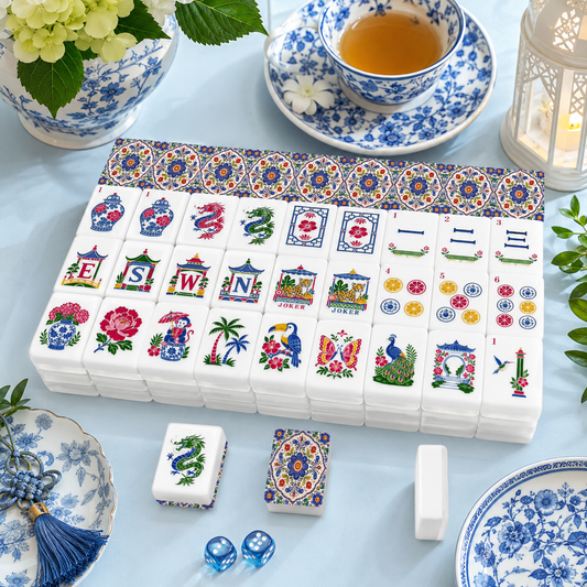Blue Pottery Porcelain Engraved Chinoiserie Mahjong Tiles And Carry Case - Splash Of Mahj And Color Co.