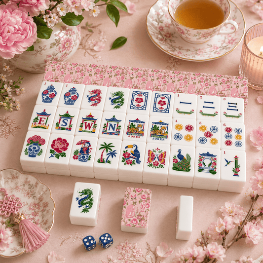 Pink Palm Pagoda Purr Engraved Chinoiserie Mahjong Tiles And Carry Case - Splash Of Mahj And Color Co.