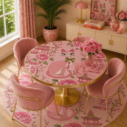 Pink Peony Purr Chinoiserie Round Mahjong Mat