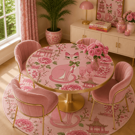 Pink Peony Purr Chinoiserie Round Mahjong Mat - Splash Of Mahj And Color Co.