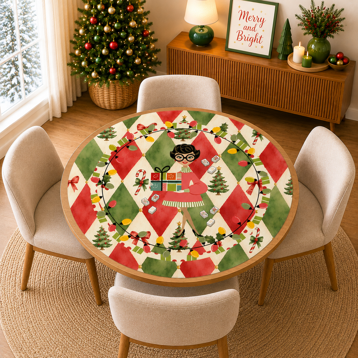 Harlequin Christmas Nostalgic Watercolor Green Burnish Red Round Mahjong Mat