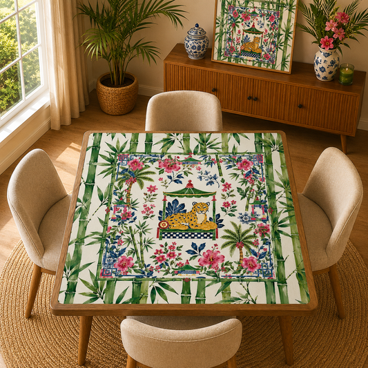Chinoiserie Tigeress Watercolor Bamboo Mahjong Mat - Splash Of Mahj And Color Co.