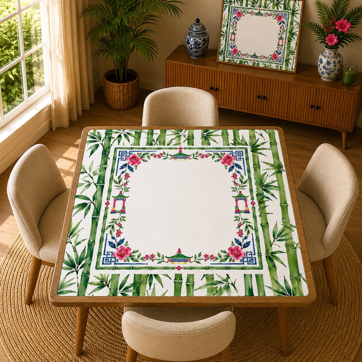 Watercolor Bamboo Asian Chinoiserie Mahjong Mat 33"x33" (Ship Rolled up)