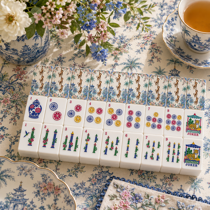Monkey See Monkey Do, Pastel Chinoiserie American Mahjong Tiles And Carry Case
