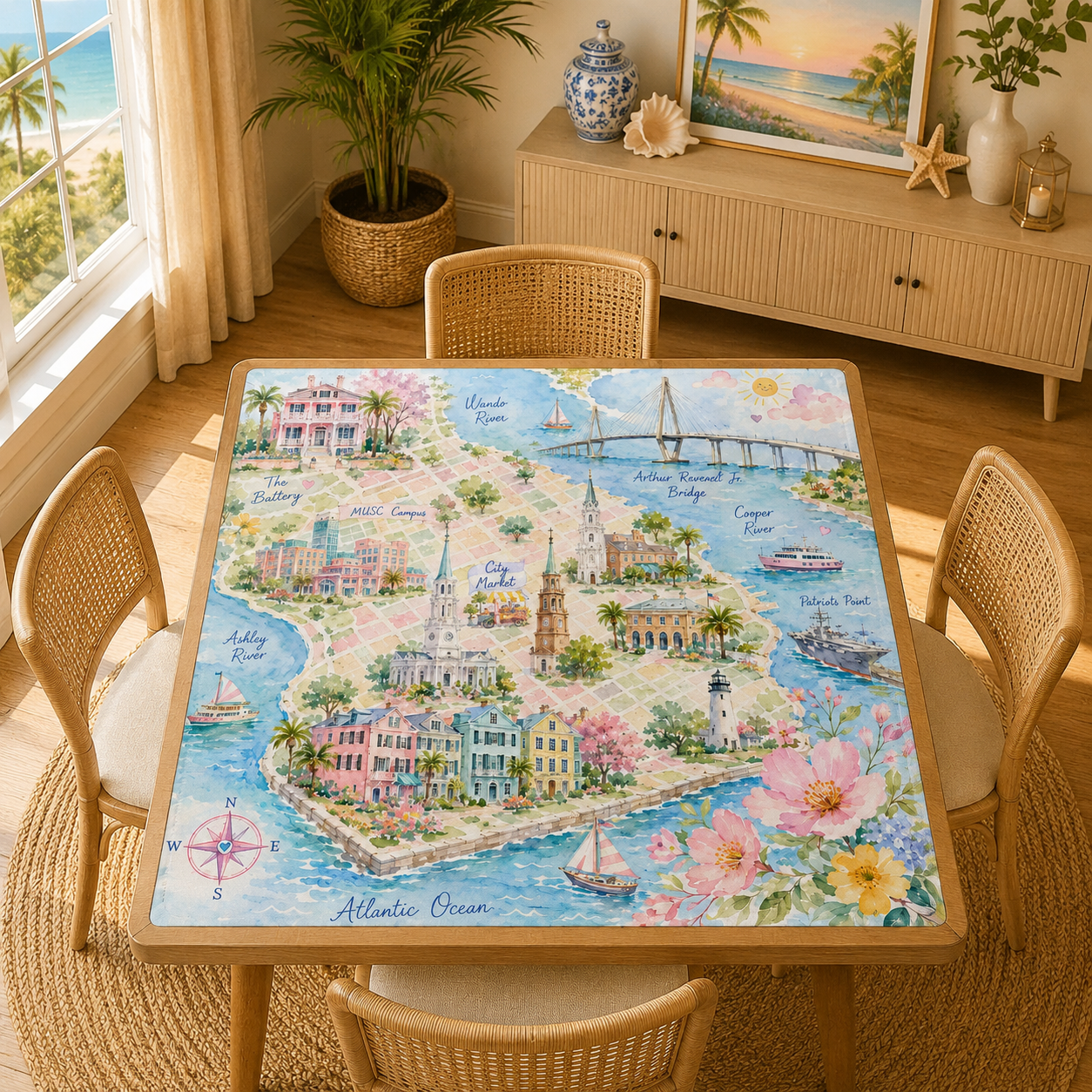 Charleston South Carolina Map And Landmarks Watercolor Pastel Mahjong Mat