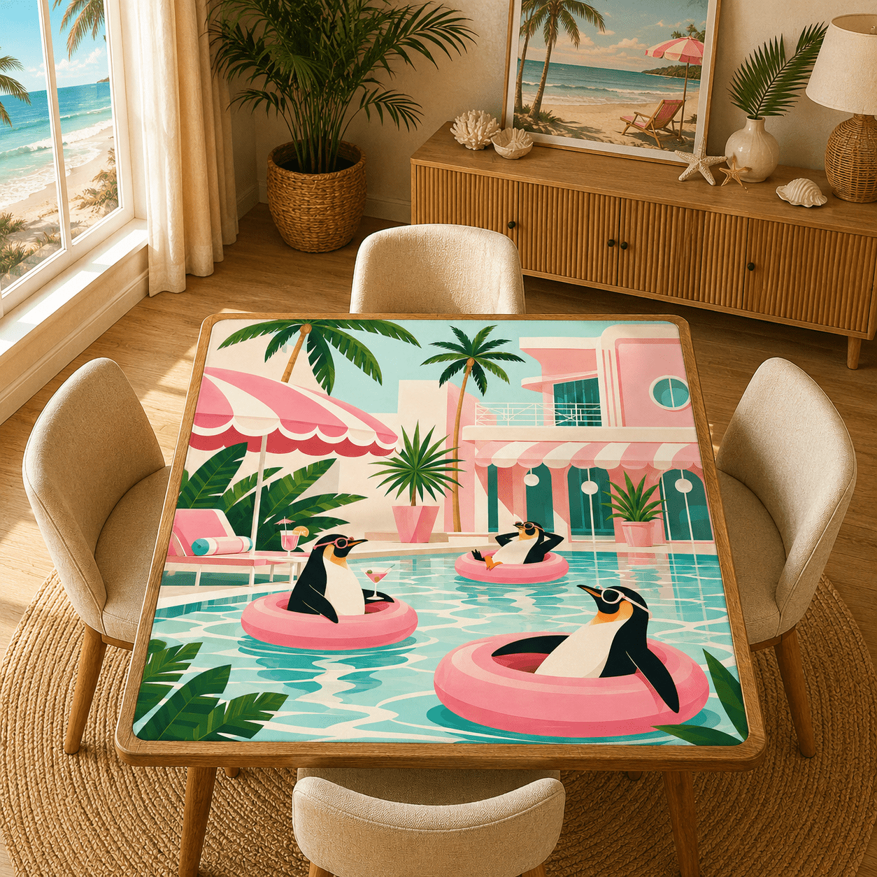 Penguins Poolside At The Palm Mahjong Mat - Splash Of Mahj And Color Co.