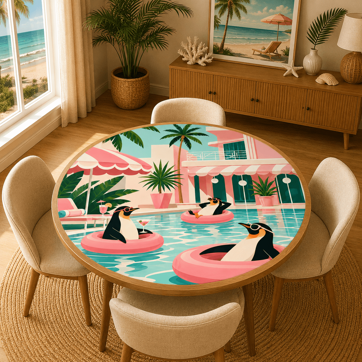 Penguins Poolside At The Palm Round Mahjong Mat - Splash Of Mahj And Color Co.