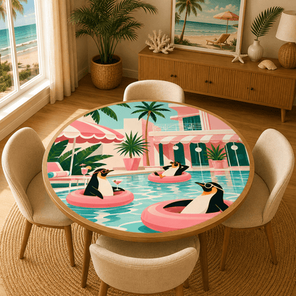 Penguins Poolside At The Palm Round Mahjong Mat - Splash Of Mahj And Color Co.