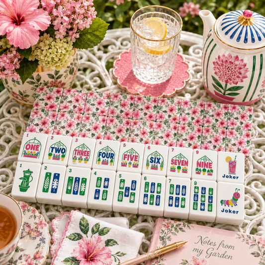 Passion Pink Hibiscus Floral Garden Mahjong Tiles And Carry Case - Splash Of Mahj And Color Co.