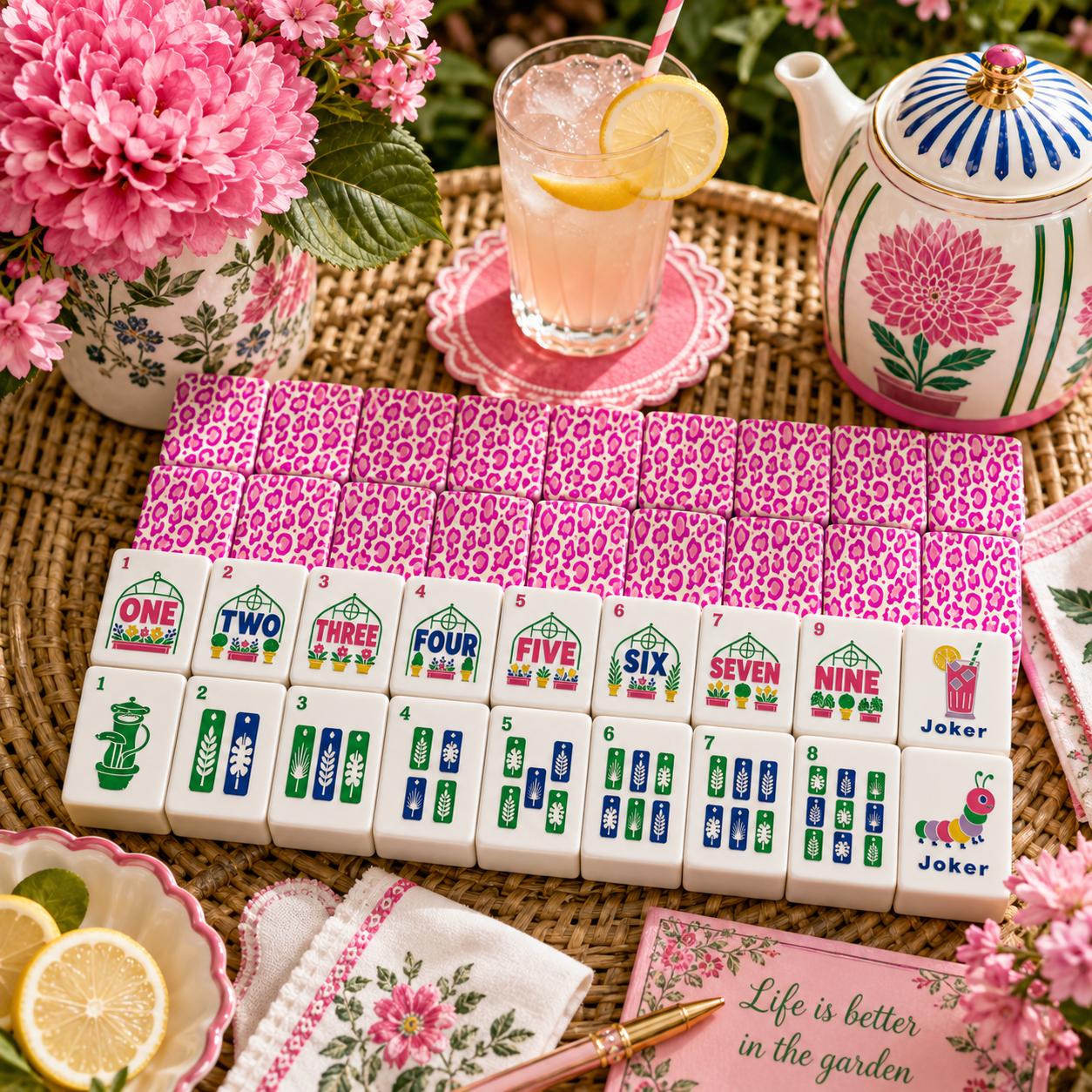 Hot Pink Cheetah Floral Garden American Mahjong Tiles With Carry Case