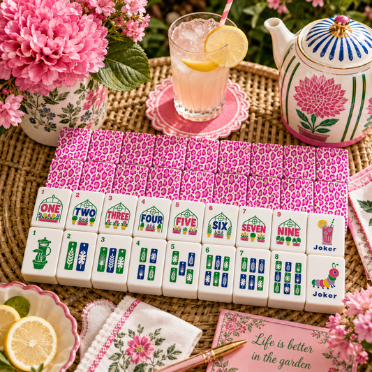 Hot Pink Cheetah Floral Garden American Mahjong Tiles With Carry Case - Splash Of Mahj And Color Co.