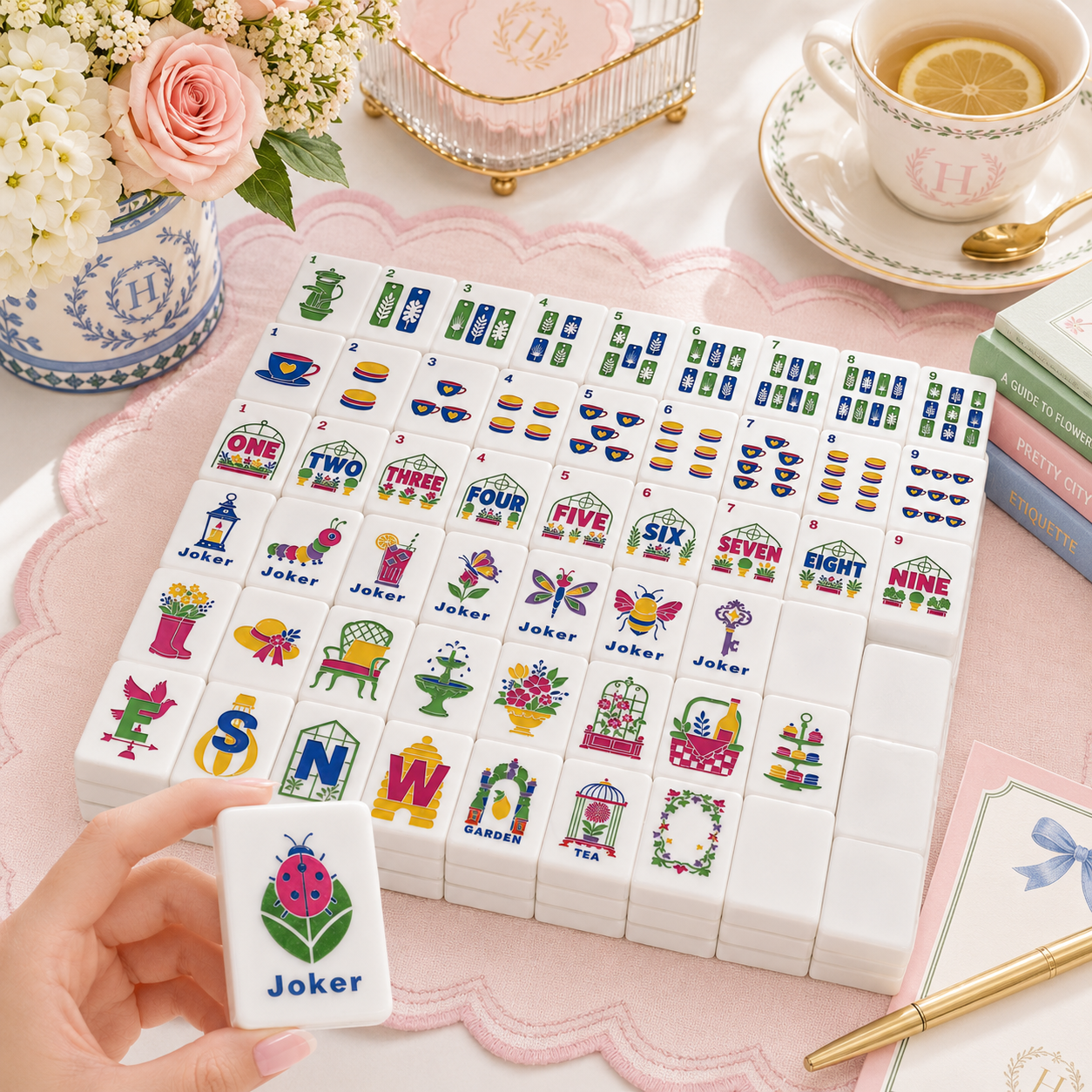 Lady Bug Luck Mod Daisy Flower Mahjong Garden Style Engraved Tiles And Carry Case