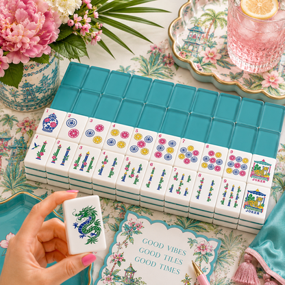 Aquamarine Chinoiserie Pastel Mahjong Engraved Tiles With Carry Case - Splash Of Mahj And Color Co.