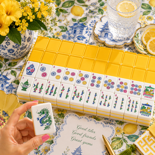 Sunnyside Up Yellow Chinoiserie Pastel Mahjong Tiles With Carry Case - Splash Of Mahj And Color Co.
