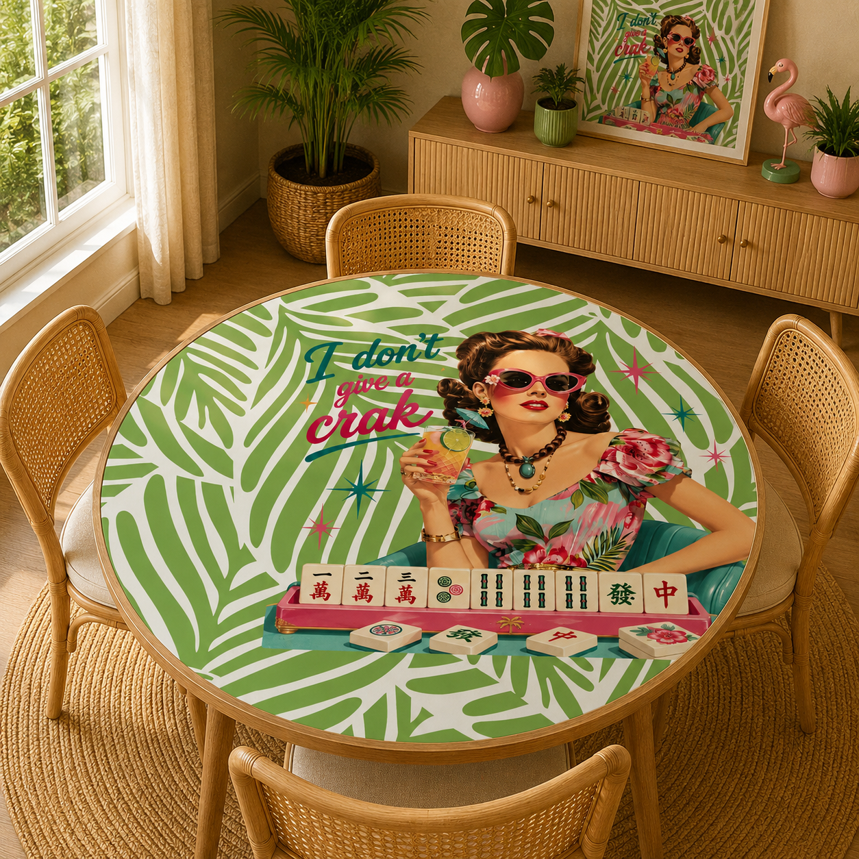 Funny Mahjong Mat I Don't Give A Crak Tropical Round Mahjong Mat