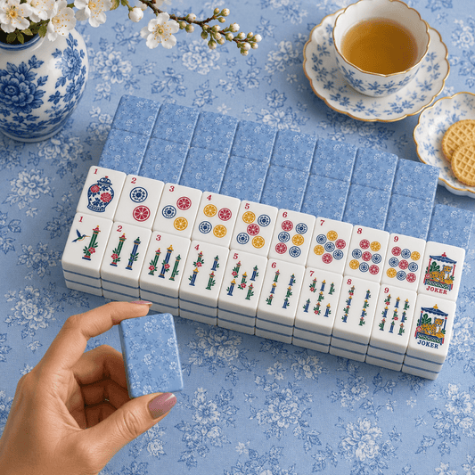 Baby Blue Floral Chinoiserie American Engraved Mahjong Tiles And Carry Case - Splash Of Mahj And Color Co.
