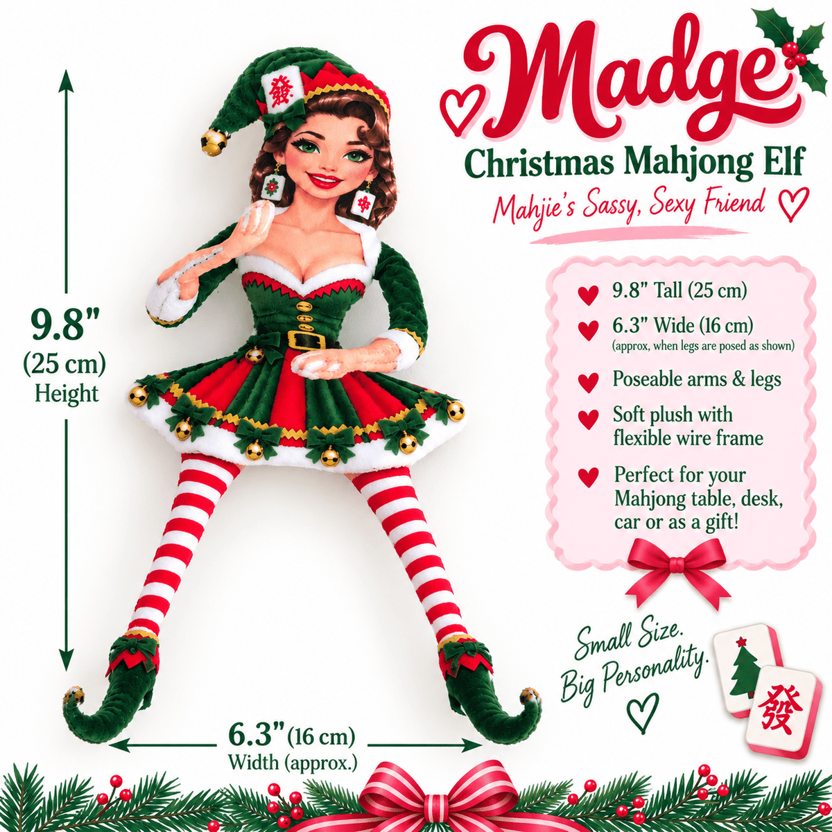 Madge Christmas Mahjong Elf, Mahjie's Sassy Sexy Friend Poseable Shaped Plush Doll