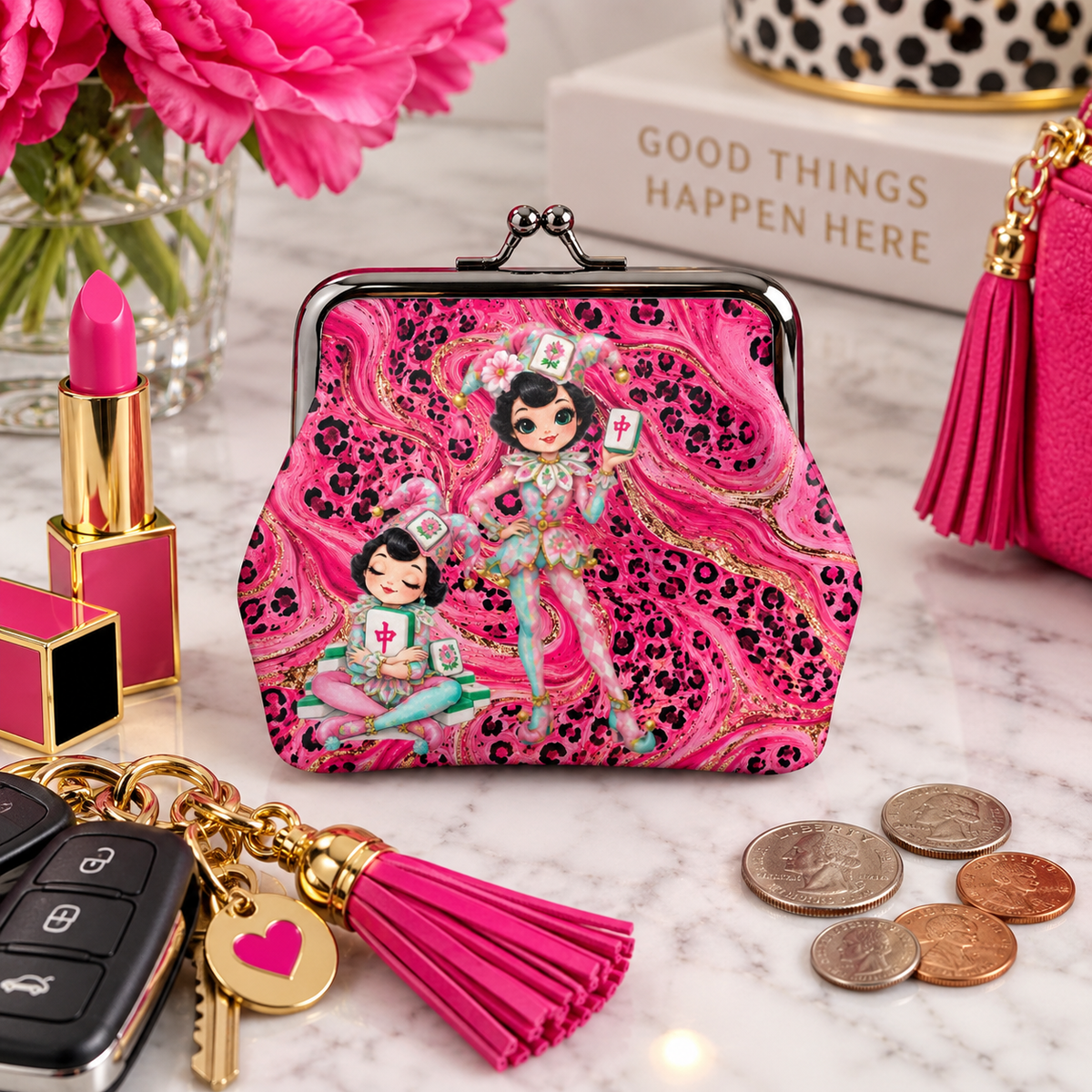 Mahjie Gal Hot Pink Leopard Print Women's Leather Kiss Lock Coin Purse