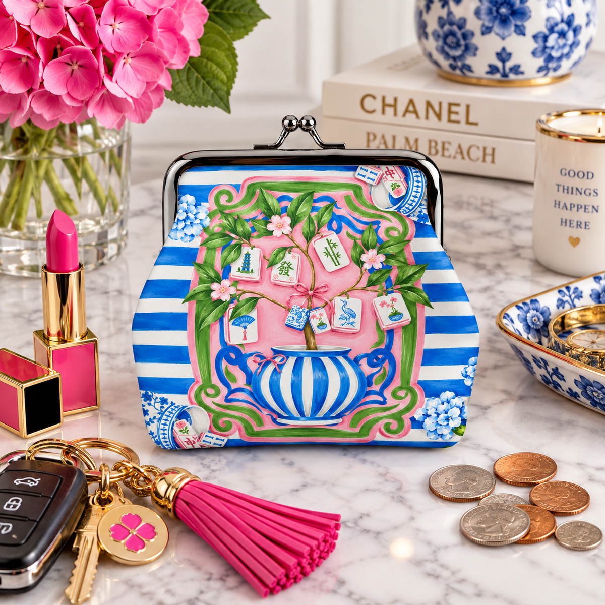 Preppy Chinoiserie Pink And Blue Women's Leather Kiss Lock Coin Purse