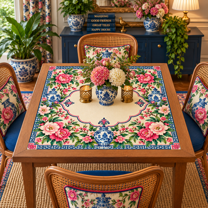 Garden Party Chinoiserie Blue Pink Mahjong Mat