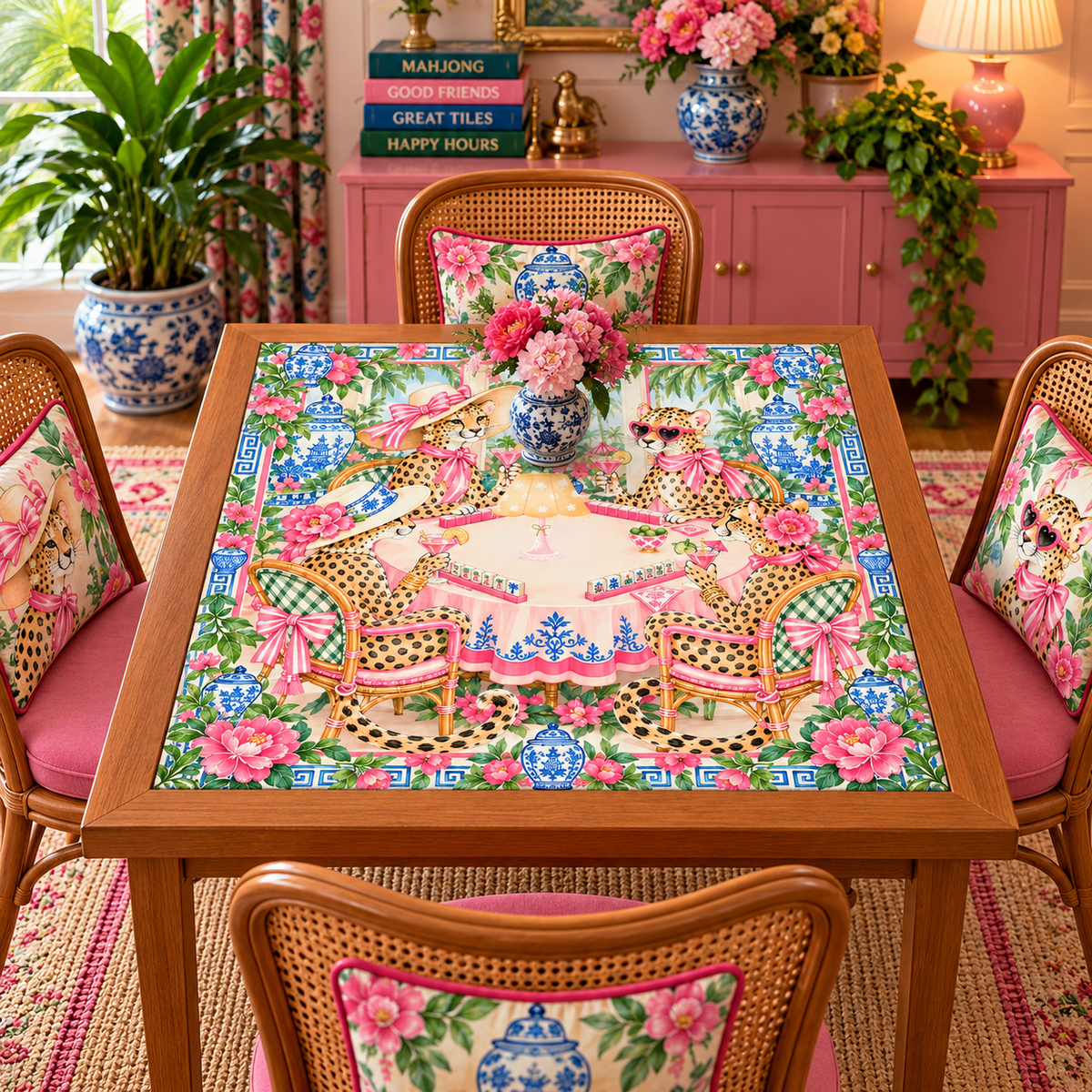 Grandmillenial Chic Leopard Ladies Chinoiserie Mahjong Mat