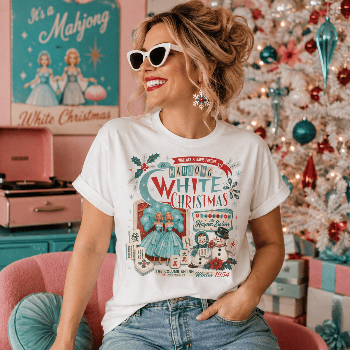 Nostalgic White Christmas Haynes Sisters Mahjong Night Unisex Garment-Dyed T-shirt - Splash Of Mahj And Color Co.