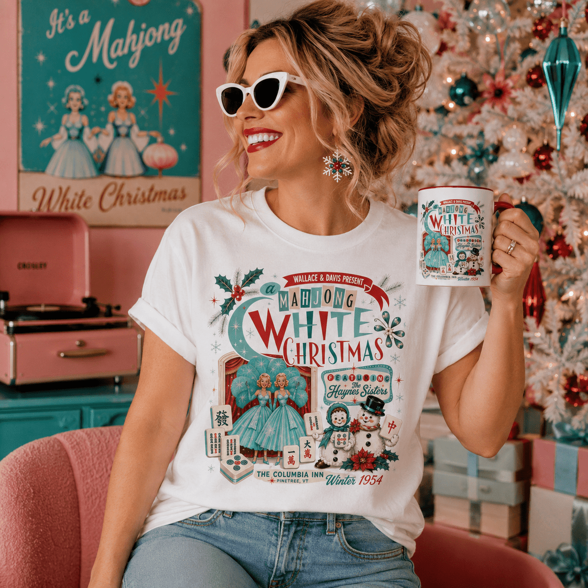 Nostalgic White Christmas Haynes Sisters Mahjong Night Unisex Garment-Dyed T-shirt - Splash Of Mahj And Color Co.