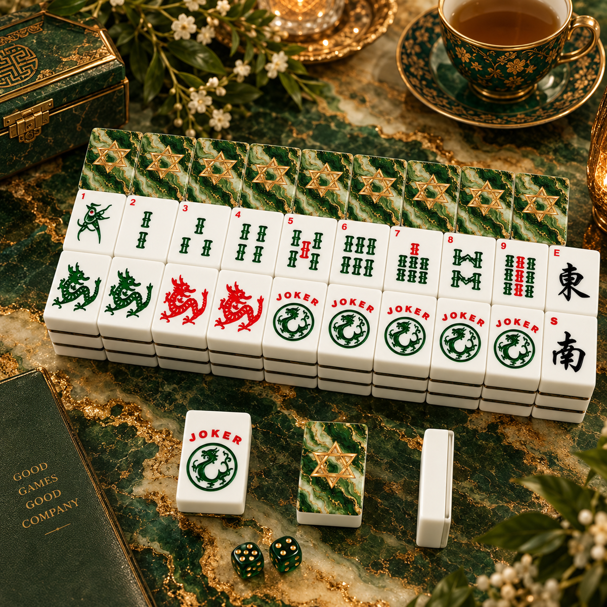 Star Of David Marbled Green Gold American Mahjong Tiles And Carry Case
