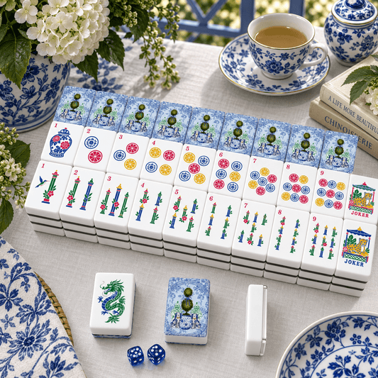 Preppy Staffordshire Dogs Chinoiserie Ginger Jar Engraved Mahjong Tiles And Carry Case - Splash Of Mahj And Color Co.