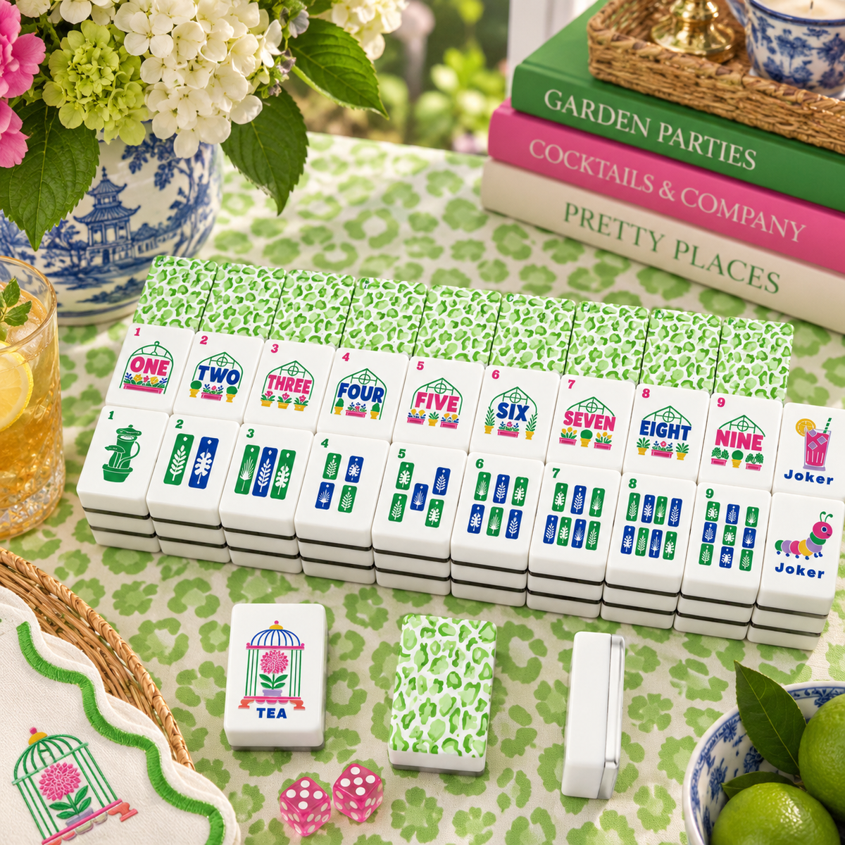 Lime Green Cheetah Garden American Mahjong Tiles (Floral Garden Style) With Carry Case