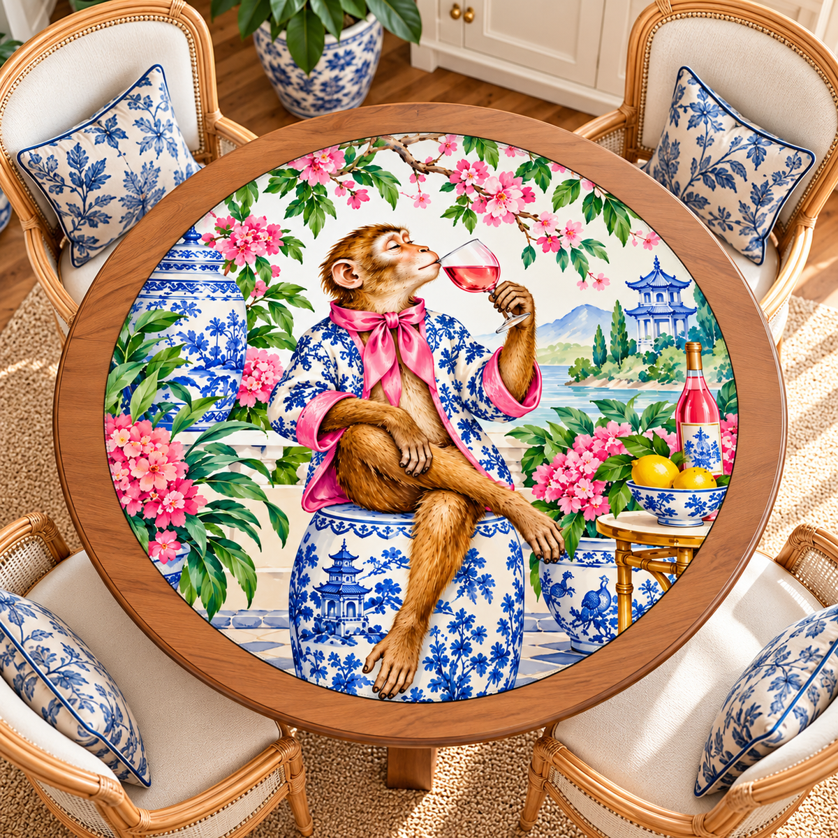 Chinoiserie Monkey Garden Party Round Mahjong Mat - Splash Of Mahj And Color Co.