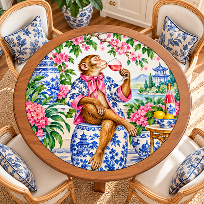 Chinoiserie Monkey Garden Party Round Mahjong Mat - Splash Of Mahj And Color Co.