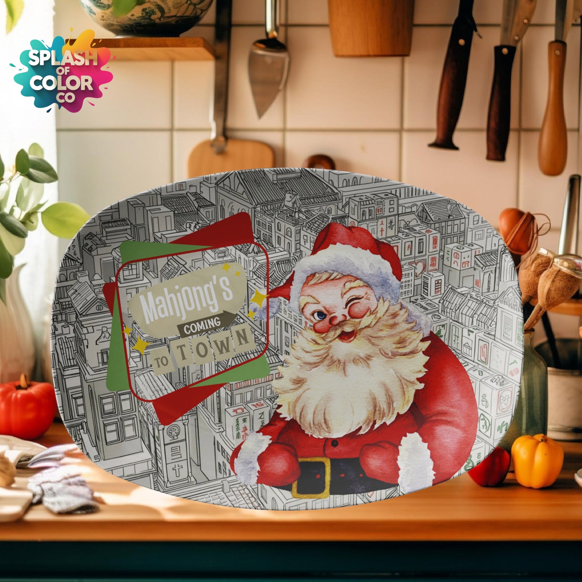 Mahjong Christmas Platter, Vintage Santa, Funny Mahjong's Coming To Town - Splash of Color Co.
