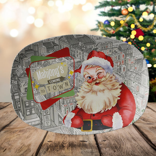 Mahjong Christmas Platter, Vintage Santa, Funny Mahjong's Coming To Town - Splash of Color Co.