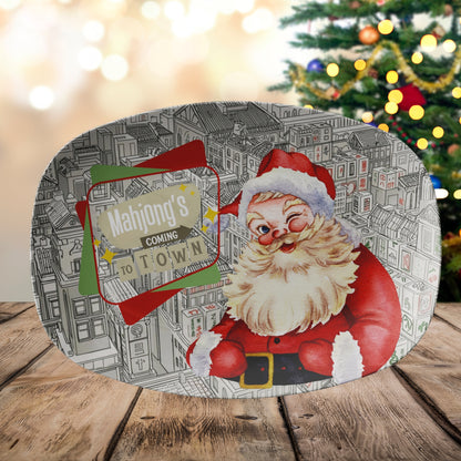 Mahjong Christmas Platter, Vintage Santa, Funny Mahjong's Coming To Town - Splash of Color Co.
