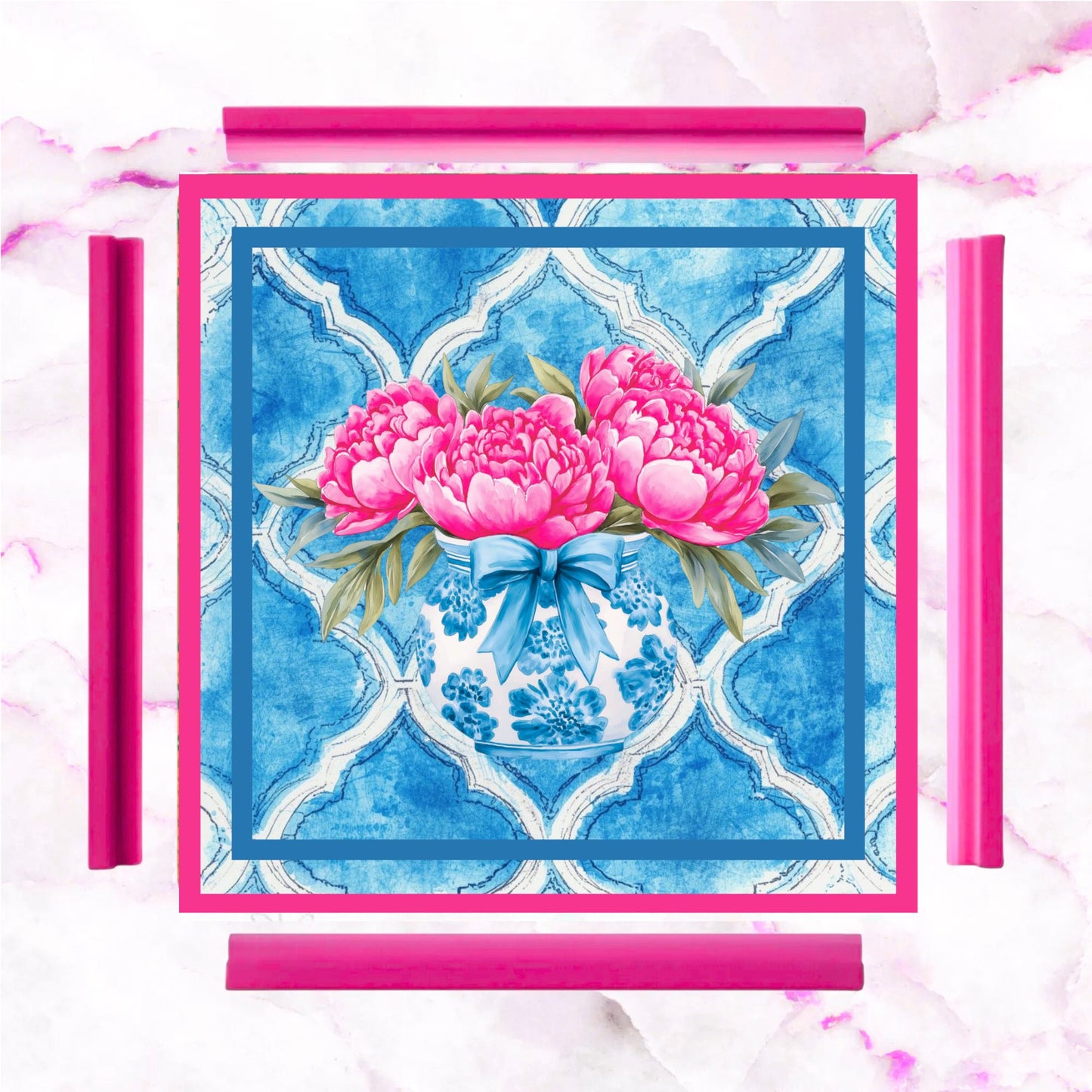 Mahjong Chinoiserie Mat, Pink Blue, The Peony - Powered Prosperity Pad - Splash of Color Co.