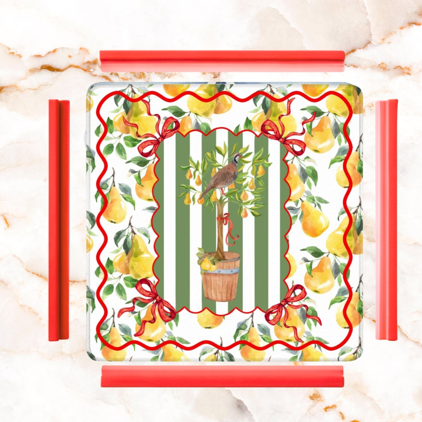 Mahjong Christmas Mat, Partridge In A Pear Tree, Watercolor Lemons, Green Preppy Striped - Splash of Color Co.