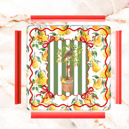 Mahjong Christmas Mat, Partridge In A Pear Tree, Watercolor Lemons, Green Preppy Striped - Splash of Color Co.