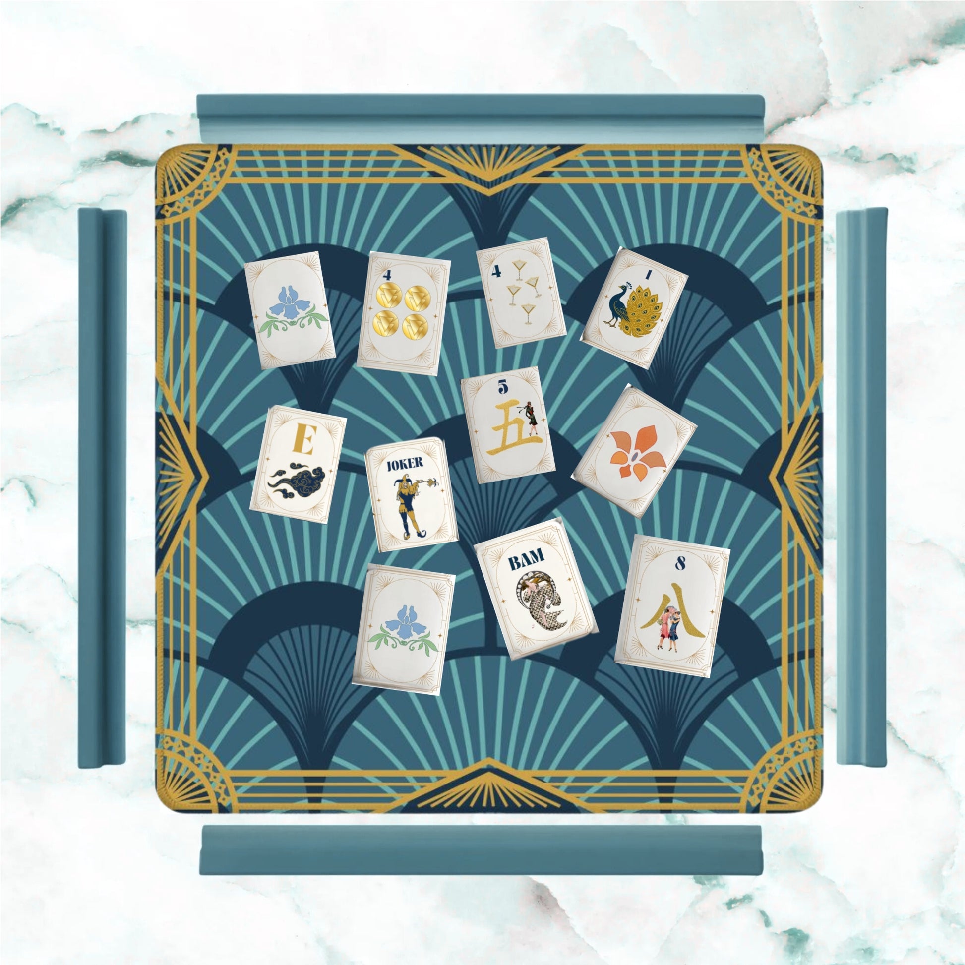 Art Deco Gilded Gold, Blue Speakeasy Collection Mahjong Mat - Splash of Color Co.