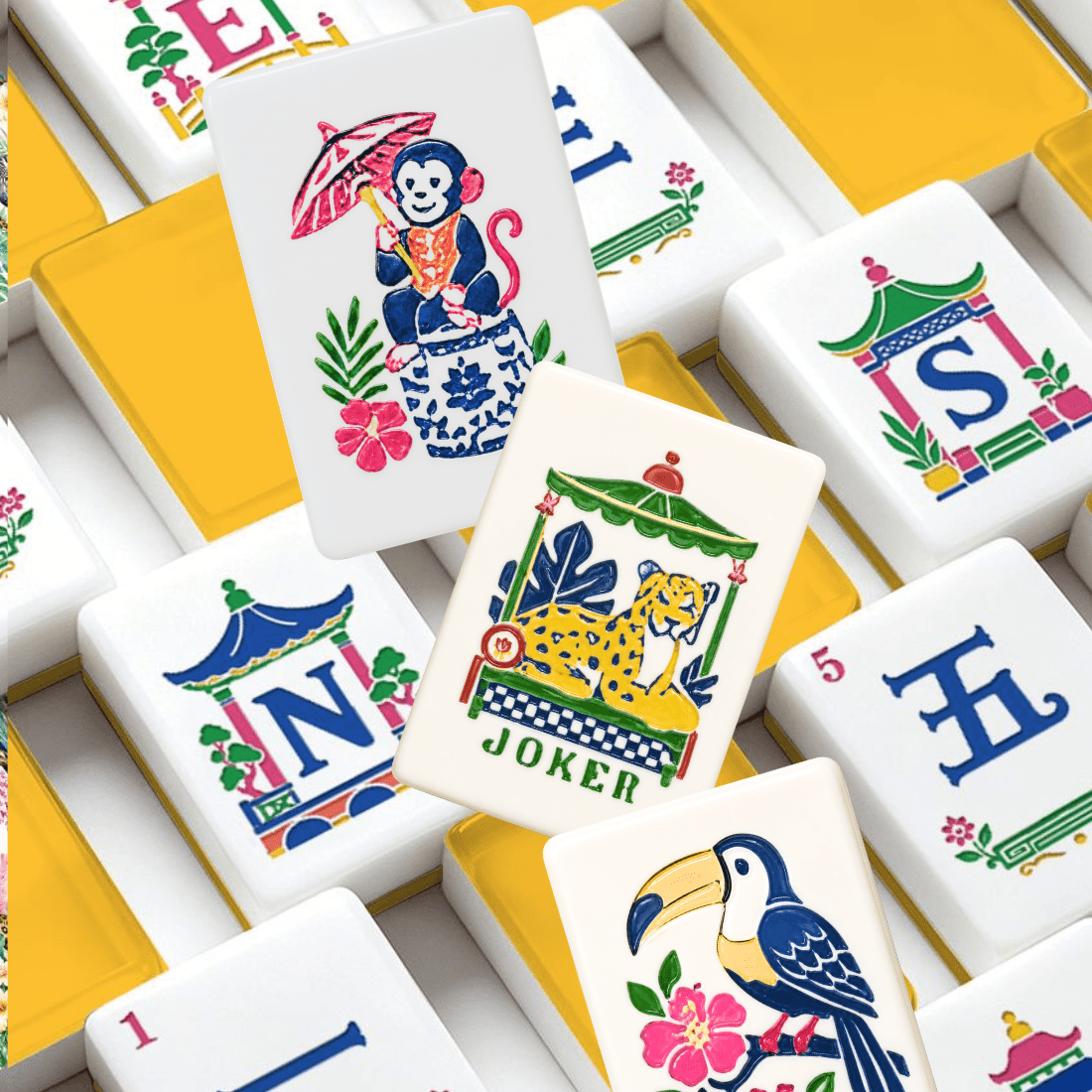 Sunnyside Up Yellow Chinoiserie Pastel Mahjong Tiles With Carry Case - Splash Of Mahj And Color Co.